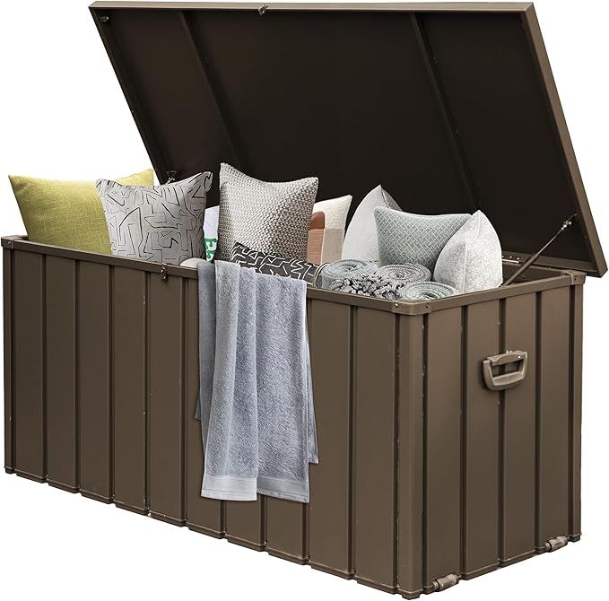 Domi Deck Box 160 Gallon, Waterproof Lockable Steel Outdoor Storage Container for Outside Cushions, Garden Tools and Pools Equipment, Brown