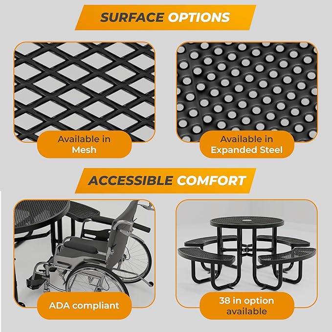 Metal Picnic Tables for Outdoors with Umbrella Hole - Coated Steel Heavy Duty Commercial Grade Table with Adjustable Seats (Black, 46 in, Round, Expanded Steel)