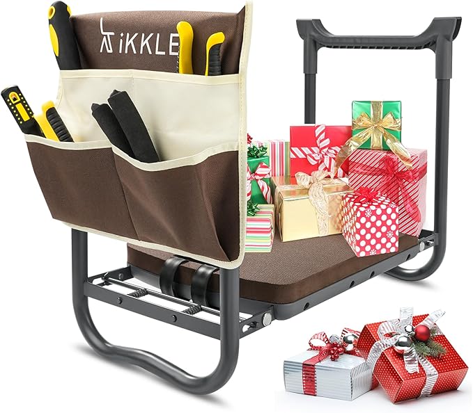 ikkle Garden Kneeler and Seat Gardening Stool Kneeler Folding Gardening Bench with Thicker Detachable Kneeling Pad and Tool Store Pouches (Brown)