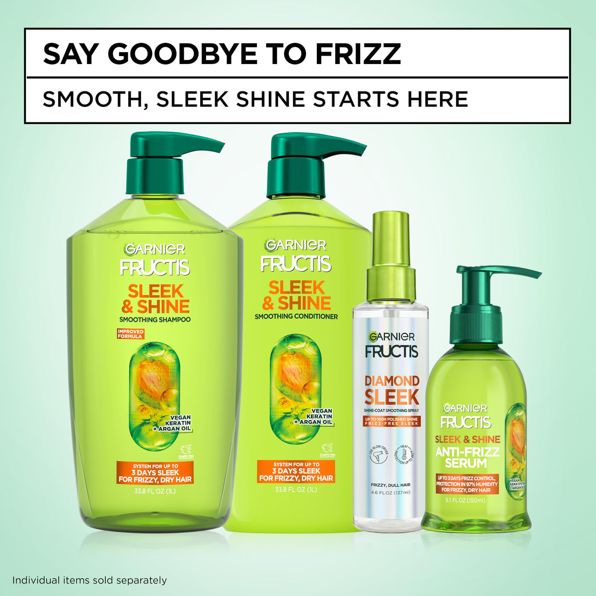 Garnier Fructis Sleek & Shine Anti-Frizz Hair Serum for Frizzy, Dry Hair, Leave-In Argan Oil Infused Formula with Up to 72HRs of Frizz Control, Smooths Flyaways & Boosts Hair Shine, 5.1 Fl Oz