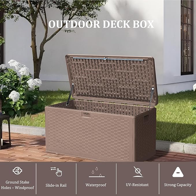 73 Gallon Pro Outdoor Storage Box Waterproof Lockable Resin Deck Box Large, Patio Storage Bin for Pool Accessories Cushion Furniture, Garden Tools, UV-Resistant Outside Delivery Brown