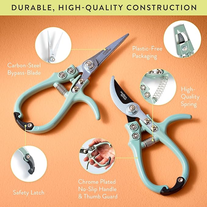 Modern Sprout Hand Pruners & Shears Set - Lightweight Gardening Tools W/Easy Lock - Sharp Carbon Steel Blades -Rust Resistant Scissors for Herbs, Flowers - Reusable Holster - Lavender