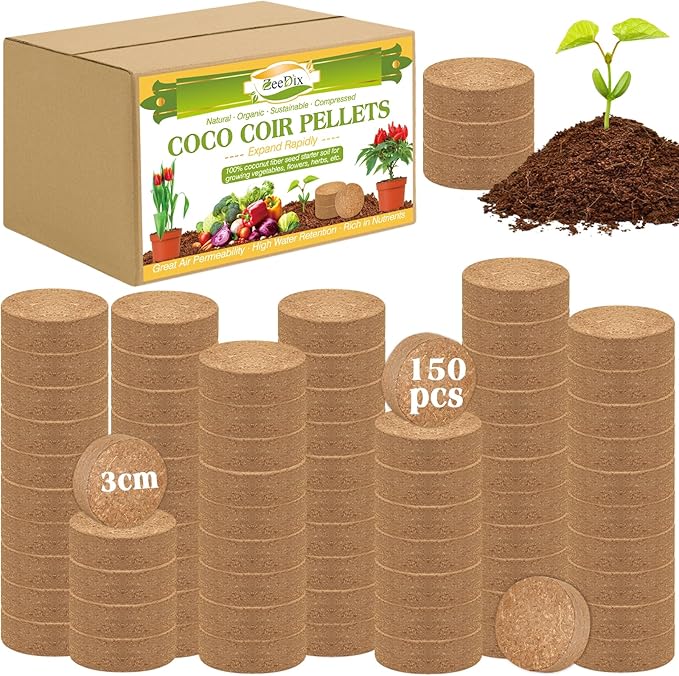 ZeeDix Organic Coco Coir Pellets Potting Soil, 150pcs 30mm Compressed Coconut Fiber Seed Starter Soil Pellets, Coco Peat Soil Discs for Indoor Outdoor Plants, Herbs, Houseplants, Flowers, Vegetables