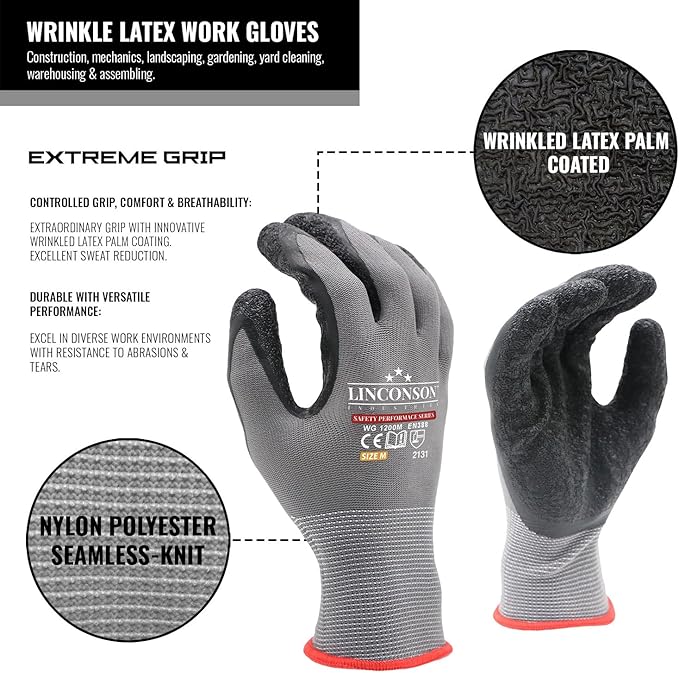 linconson 12 Pack Safety Performance Series Construction Mechanics Wrinkle Latex Work Gloves