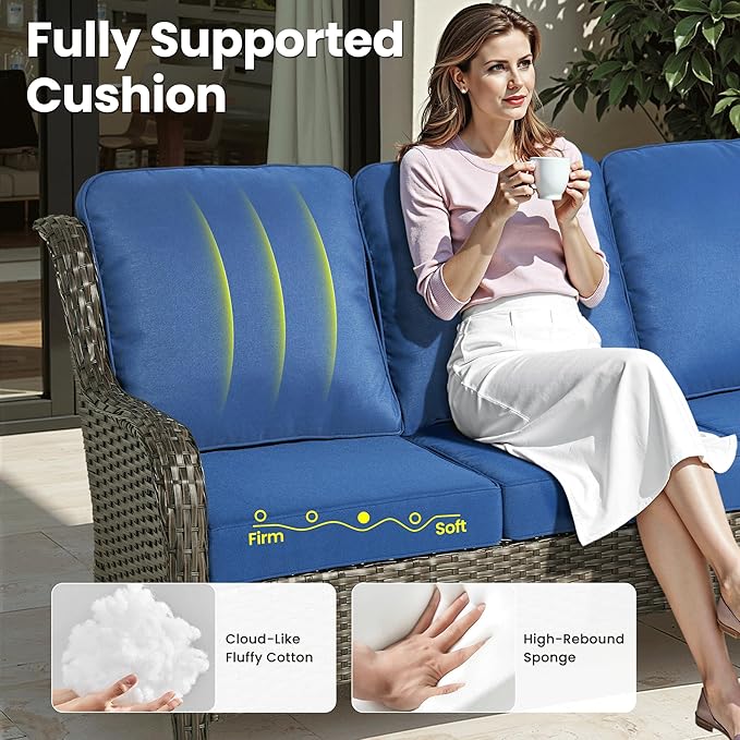 ovios 6 Pieces Patio Furniture Set, Outdoor Wicker Sofas with Glass Coffee Table and Comfy Cushions, All Weather High Back Couch Set for Deck Porch, Brown Rattan, Navy Blue
