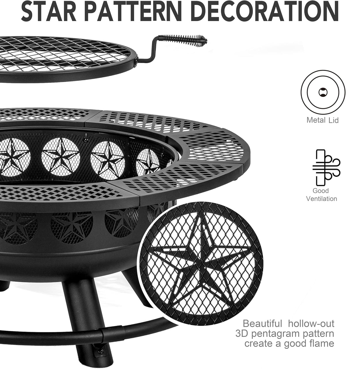 Fire Pit with Cooking Grill,Outdoor Wood Burning BBQ Firepit with Lid, 3-in-1 Outdoor Fire Pit for Backyard Deck Bonfire Patio Picnic