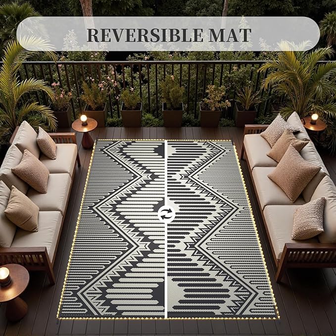 MontVoo Outdoor Rug with Led String Strip Lights 8x10 ft Waterproof Outdoor Patio Rug Mat Reversible Plastic Straw Rug Outside Outdoor Rug for RV Camping Picnic Balcony Fairy Boho Outdoor Decor