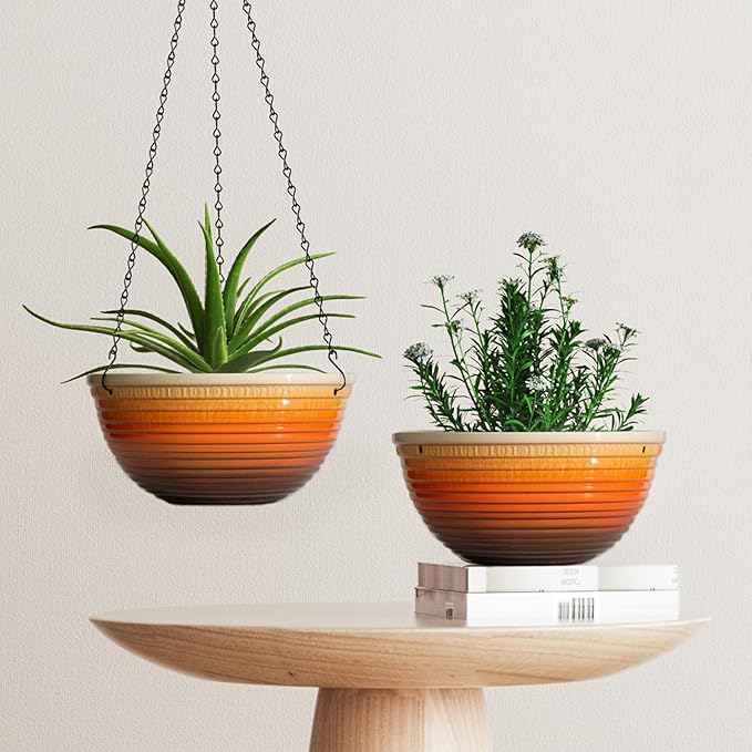 12 inch Hanging Planters for Indoor Outdoor Plants, 2 Pack Large Hanging Flower Pots with Drainage Holes and Chain, Glazed Hanging Baskets for Home Garden Decoration, Orange
