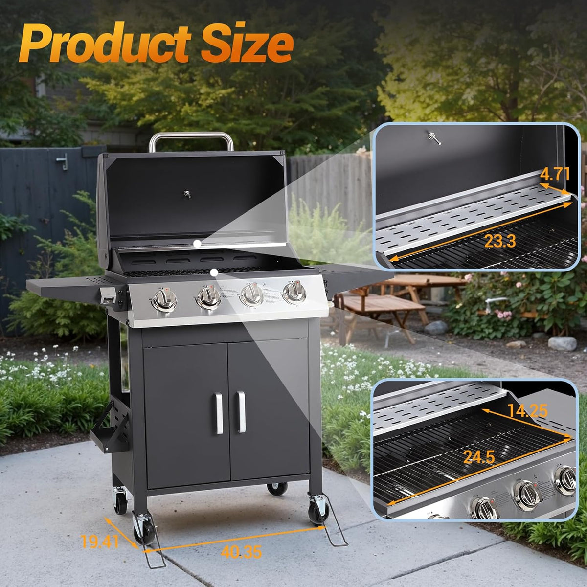 4 Burner Gas Grill with Side Burner, Stainless Steel Foldable Side Tables, 40,000 BTU, with Grease Tray, Easy Assembly for Patio, Backyard (Folding Version)