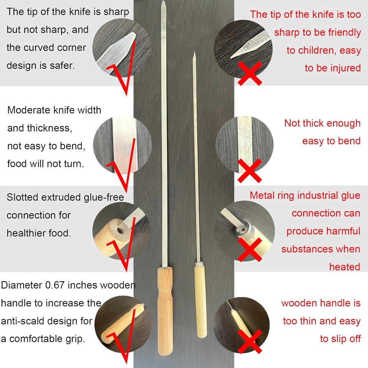 10 Pcs Kabob Skewers, 16IN Metal Skewers for Grilling, Premium Stainless Steel Flat Kebabs, with Wooden Handles Insulated Reusable BBQ Set