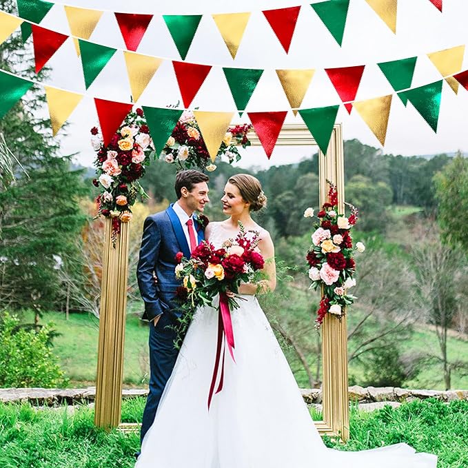 Christmas Party Decorations Triangle Pennant Banner Flag Red Green Gold Metallic Fabric Bunting Garland for Xmas Holiday Wedding Bridal Shower Birthday Bachelorette Graduation New Year Party Supplies