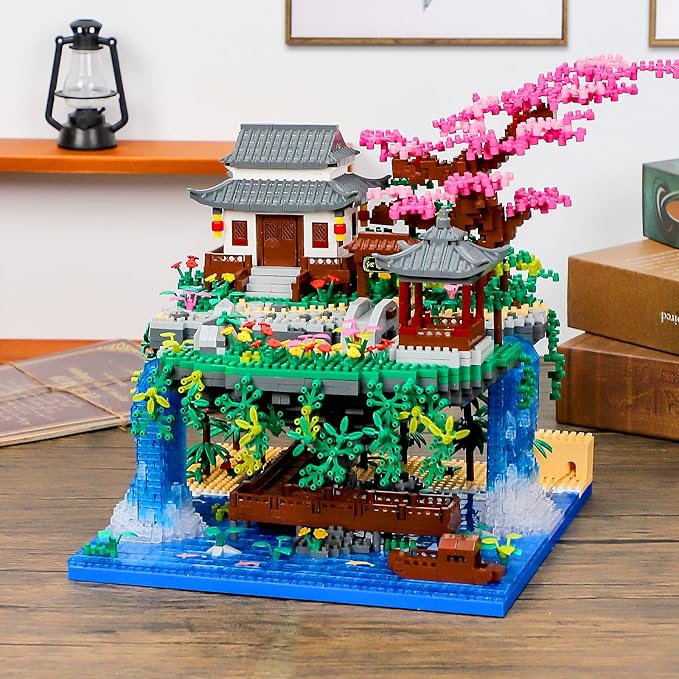 Peach Blossom Pond Micro Mini Building Blocks Set for Adults and Kids, Chinese Architecture Cherry Bonsai Gift Toys with String Lights, Japanese Flowers Tree House Micro Bricks (3320PCS)