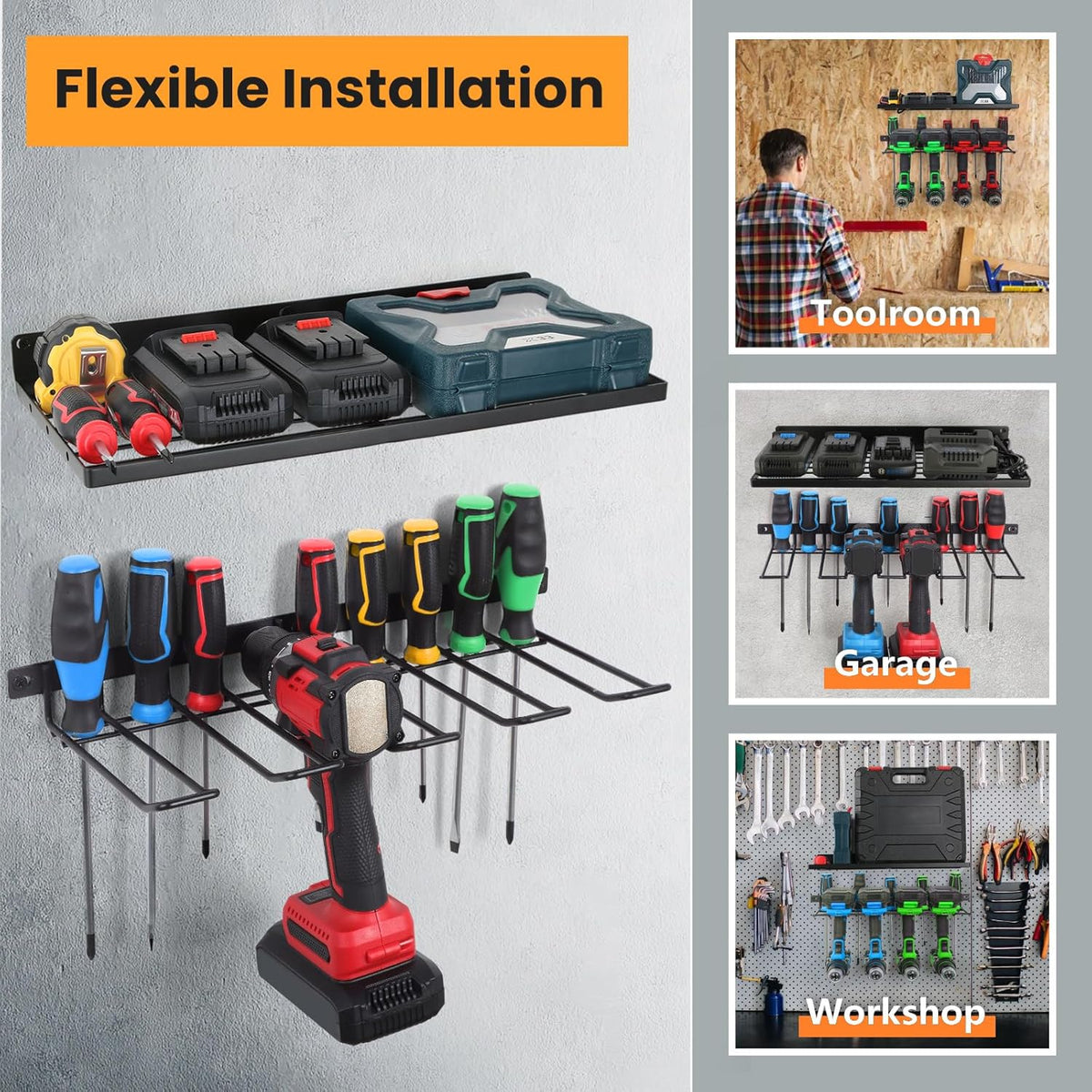 Power Tool Organizer Wall Mount, Cordless Drill Holder and Battery Shelf, Garage Tool Storage Heavy Duty Utility Rack for Tool Room, Workshop, Garage