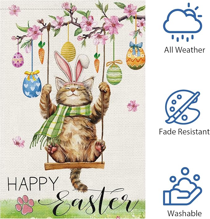 Heyfibro Happy Easter Cute Cat Garden Flag 12x18 Double Sided Burlap, Spring Summer Magnolia Flower Easter Egg Small Yard Banner for Seasonal Holiday Farmhouse Yard Outdoor Decor(ONLY FLAG)