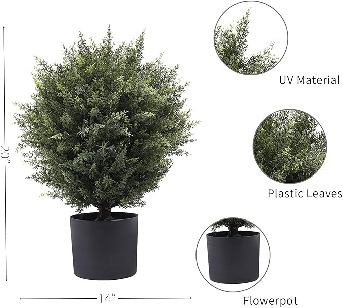 21” Artificial Cedar Outdoor Artificial Shrub Sunlight Resistant Leafy Potted Plant for Indoor Porch of Home and Office Artificial Outdoor Tree 2 Pieces a Set Topiary Trees