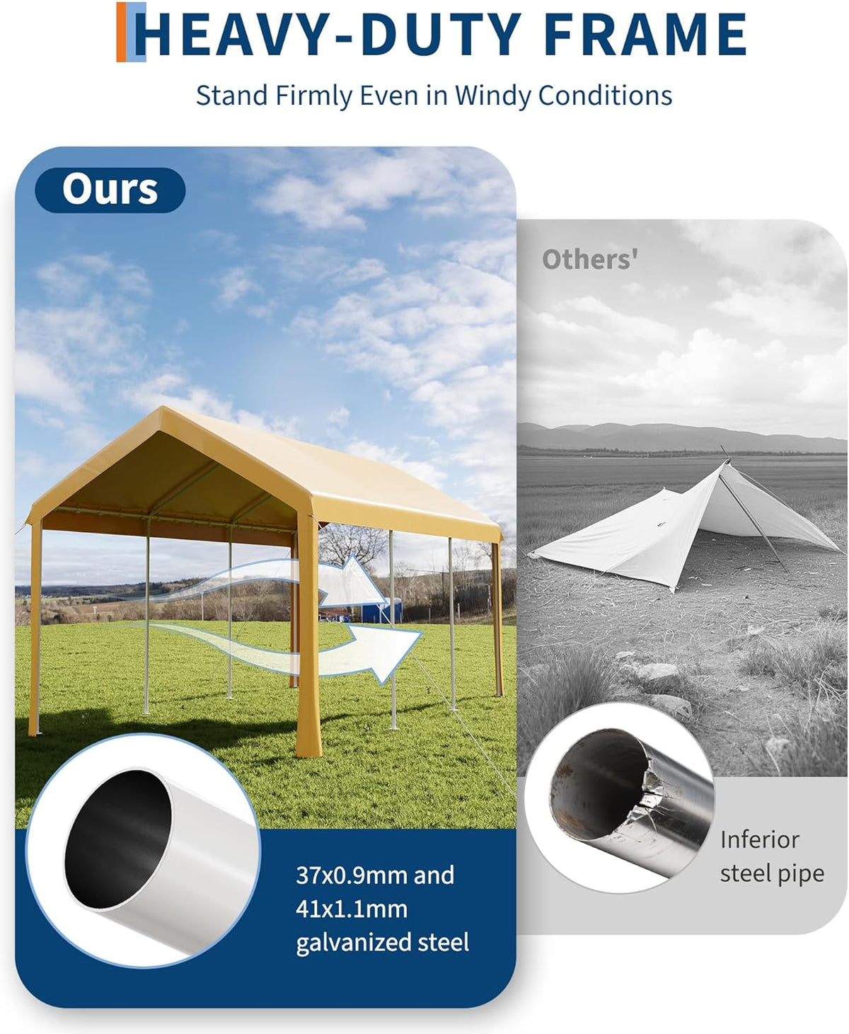 10x20ft Metal Carport Garage with PE Fabric and Galvanized Steel Frame Leg Wrap Carport for Outdoor Shelter for Cars, Trucks and Boats - Yellow