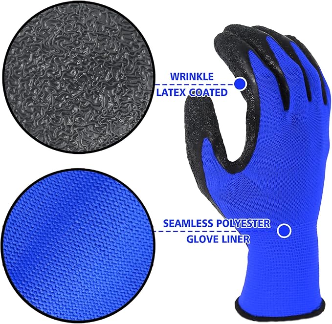 Evridwear Crinkle Latex Rubber Hand Coated Safety Work Gloves for Men Women General Multi Use Construction Warehouse Gardening Assembly Landscaping (Medium,Blue- 12Pair)