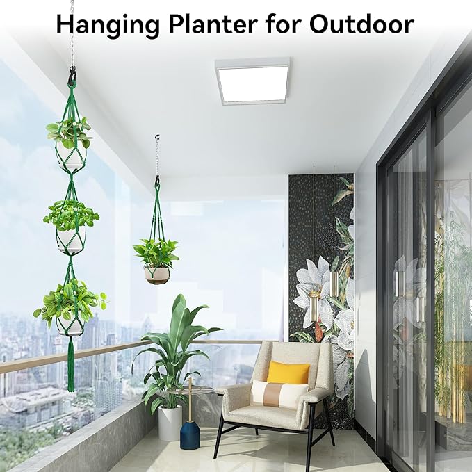 USLAI Macrame Plant Hanger Indoor Outdoor, Up to 4-15 inch Pot, Heavy 20lb Planters, Extra Long Strong Hanging Planter Basket Holder, Boho Home Decor, 35+72 Inch, Green (POTS NOT Included)