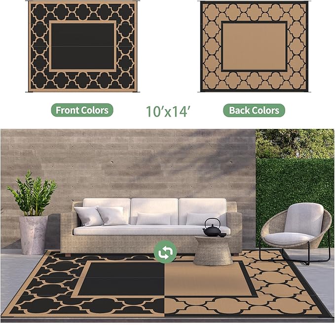 GENIMO 10 ' x 14 ' Outdoor Rug Waterproof for Patio Decor, Foldable Reversible Plastic Straw Area Rugs Mat for Camper, Outside Carpet for Rv, Deck, Porch, Picnic, Beach, Balcony, Black & Brown