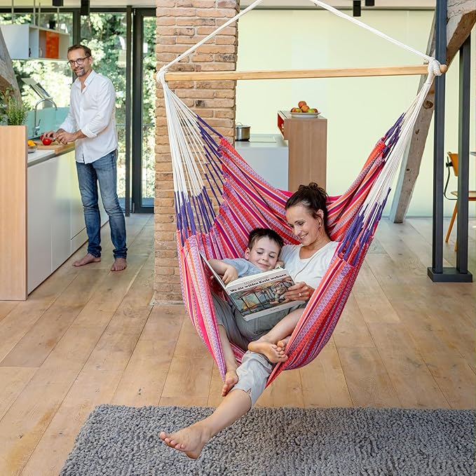 LA SIESTA® - Large Comfort Habana Cotton Hammock Chair & Romano Steel Stand - Hanging Hammock Chair w/Stand - Indoor Outdoor Hammock Chair Swing Bedroom Porch Balcony - Boho Hanging Chair - Flamingo