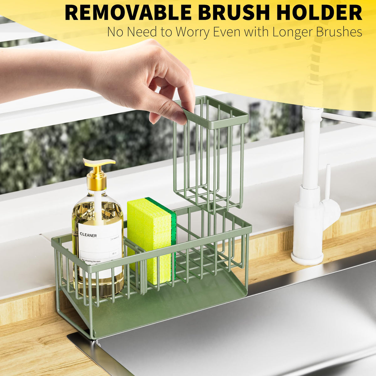 Cisily Kitchen Sink Caddy, Sponge Holder for Kitchen Sink, Kitchen Sink Organzier and Storage with High Brush Holder, 304 Stainless Gadgets Sink Accessories, Organizadores de Cocina Sage Green