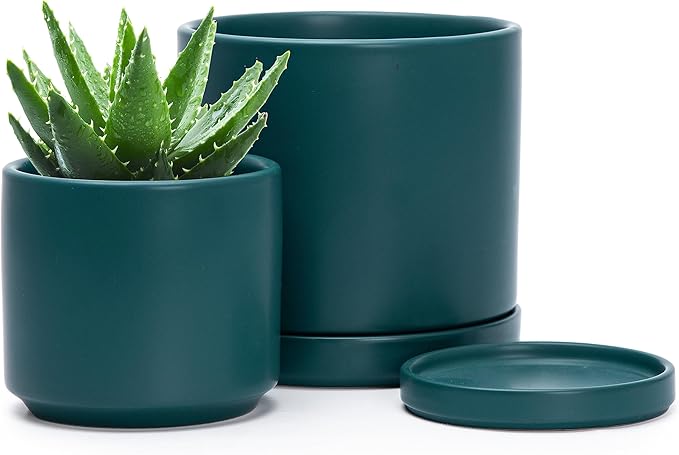 D'vine Dev 4.6 Inch & 6 Inch Ceramic Planter Pots for Plants with Drainage Hole and Saucer, Small Plant Pots Set, Teal, 94-G-S-9