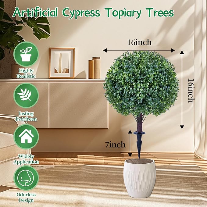 Artificial Boxwood Sphere Bushes Set of 2 Lifelike - UV Resistant Faux Shrubs with Stakes for Effortless Porch, Planter & Indoor Decor 16in FZHCZWZX