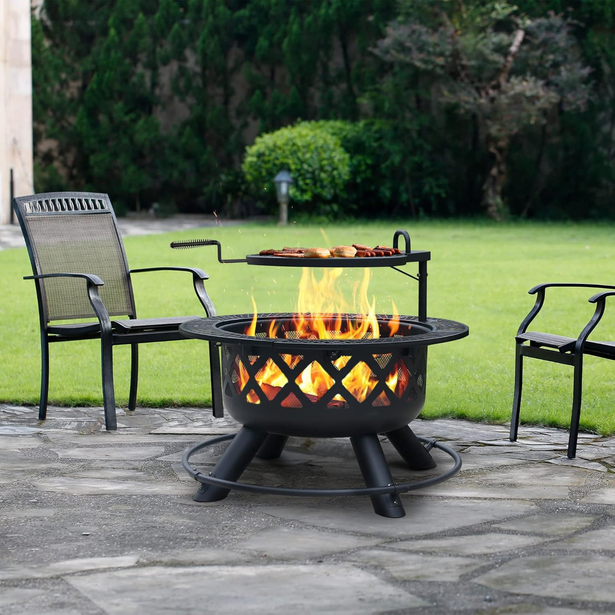 BALI OUTDOORS Fire Pit with Poker, 32 inch Outdoor Fire Pit Patio, Wood Burning Firepits for Outside with Grill