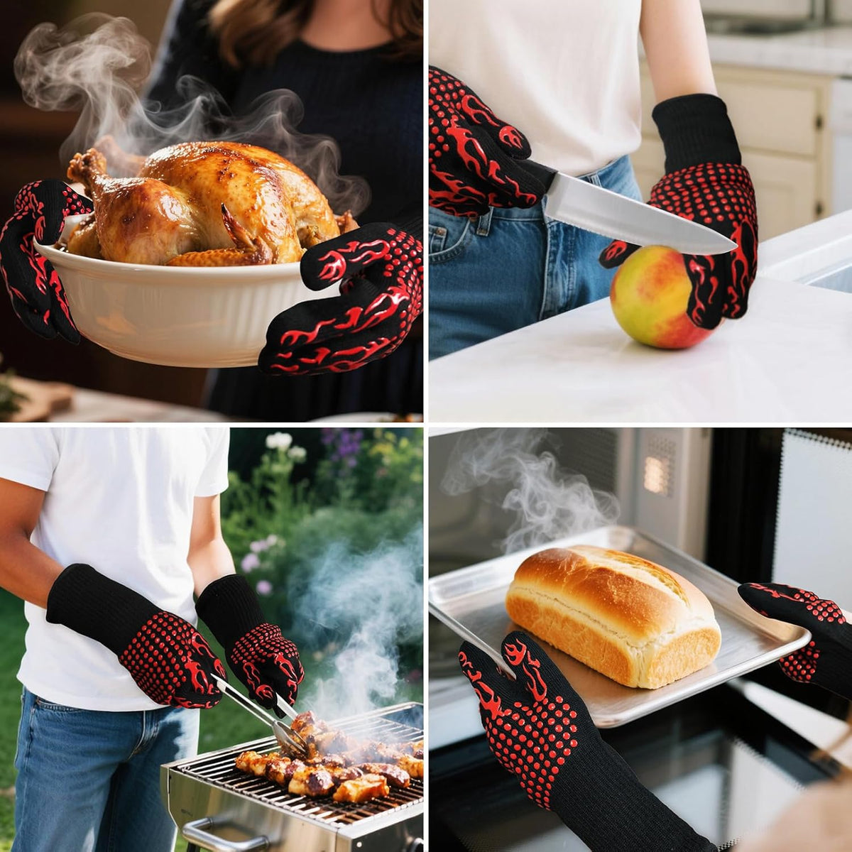 BBQ Gloves Fireproof, 1472°F/800°C F Heat Resistant Grill Cut-Resistant Mitts, Non-Slip Silicone Oven Gloves Long Kitchen Gloves for Barbecue Cooking Baking Cutting