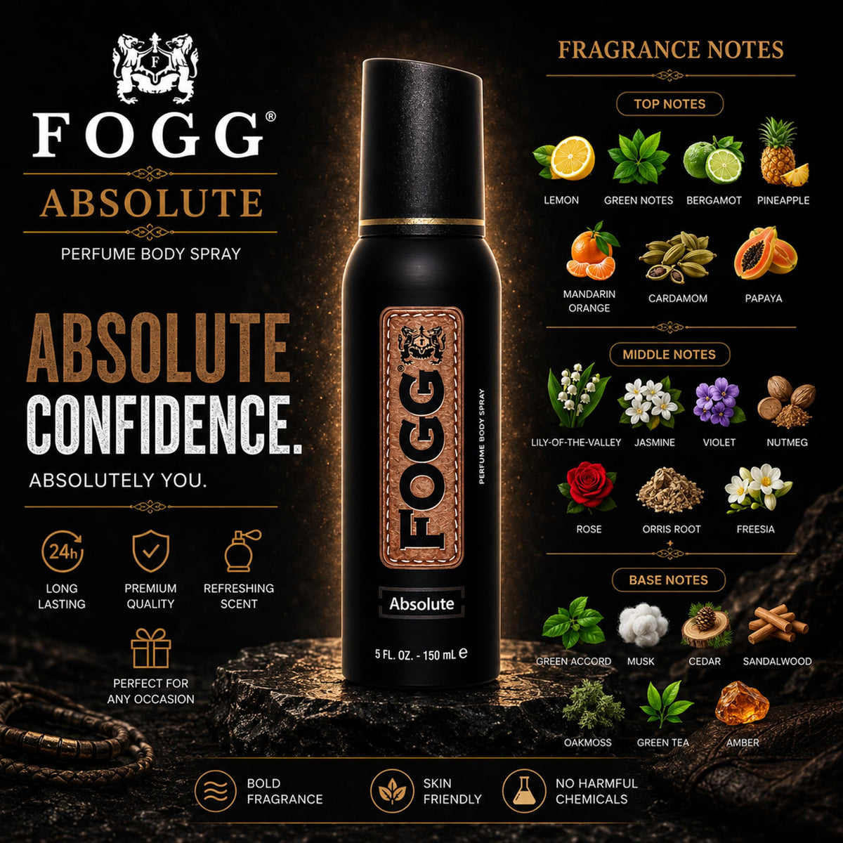 Absolute by Fogg - Mens Body Spray - Fresh Spicy Woody Fragrance Body Spray - Perfume-Based - Top Notes of Lemon, Bergamot, Pineapple - 5 oz
