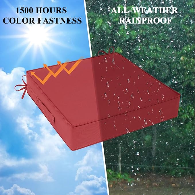 Outdoor Chair Cushions Set of 2 for Patio Furniture 19x19x4 Inch Waterproof Patio Chair Cushion 3 Year Color Fastness Square Elastic Foam Garden Couch Pads with Ties and Handle,Red