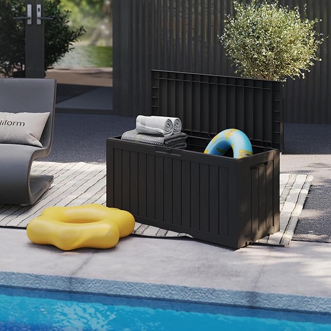 90 Gallon Waterproof Outside Storage Box - Patio Storage & Outdoor Deck Box, All-Weather Resin Chest for Pool/Garden Accessories, Lockable UV-Resistant, Jet Black