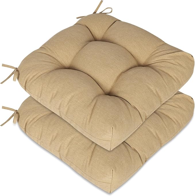 Aoodor 19" x 19" x 5" Tufted Outdoor Chair Cushions, Water Resistant & Fade Resistant Polyester Dining Chair Pads with 2 Straps for Patio Furniture, Set of 2
