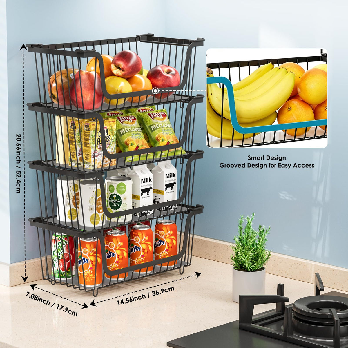 4 Pcs Stackable Wire Baskets Pantry Organizers and Storage Bins,Black
