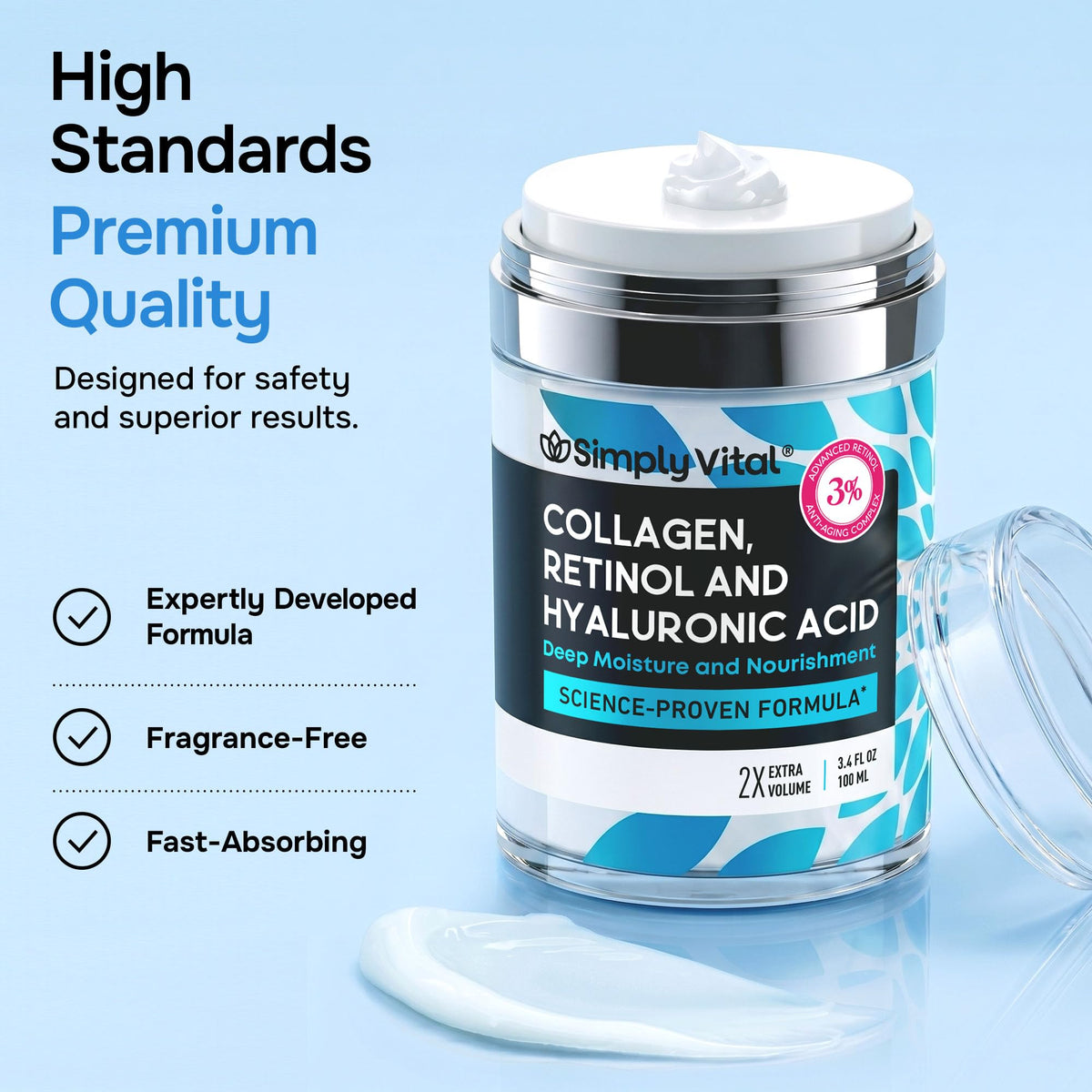SimplyVital Face Moisturizer Retinol Collagen Hyaluronic Acid Cream 3.4 oz