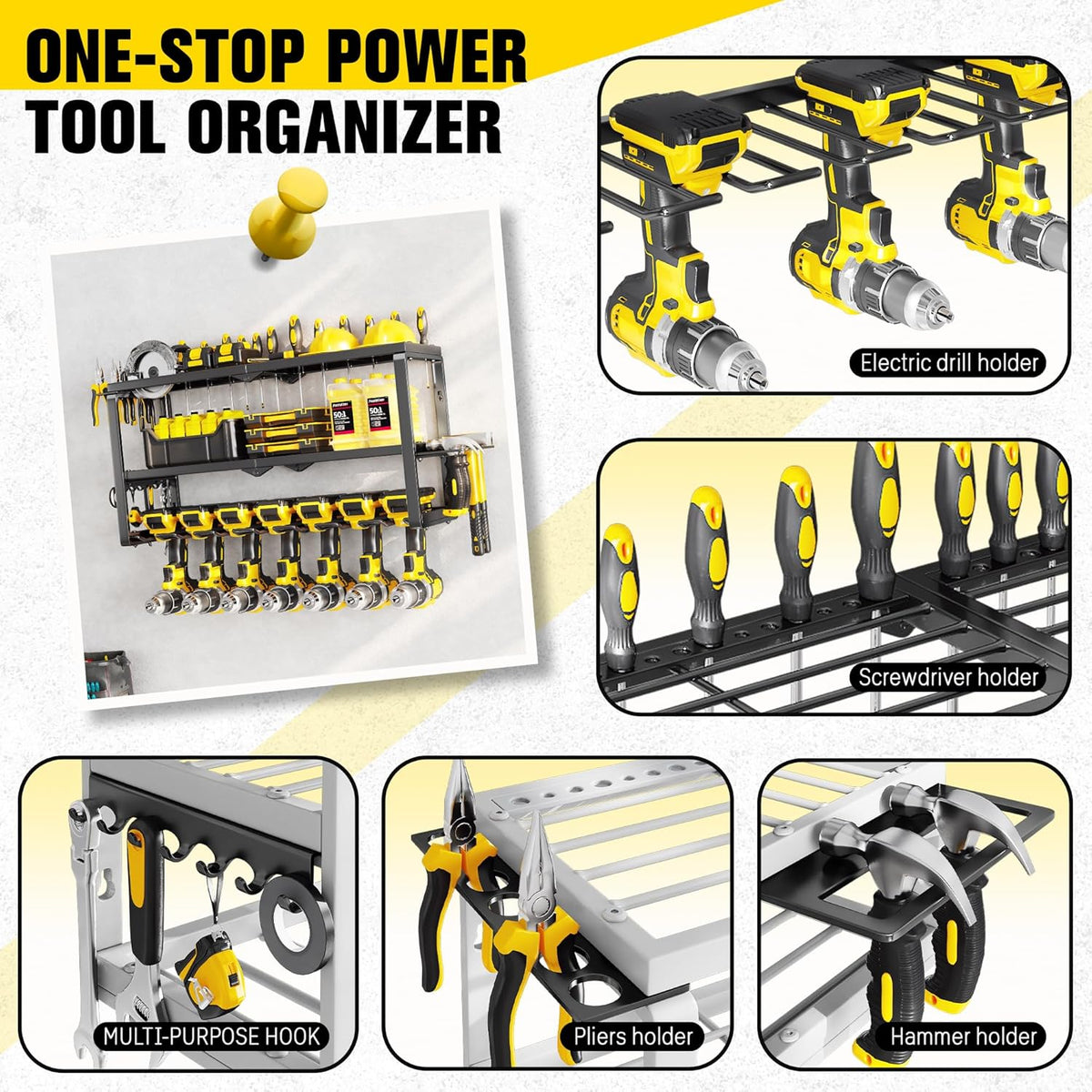 Power Tool Organizer Wall Mount - 300Lbs Load 3 Layers Storage Rack with 7 Drill Holders for Drills Cordless Tools. Heavy Duty Iron Garage Tool Organizer Storage for Workshop Shed Pegboard Basement