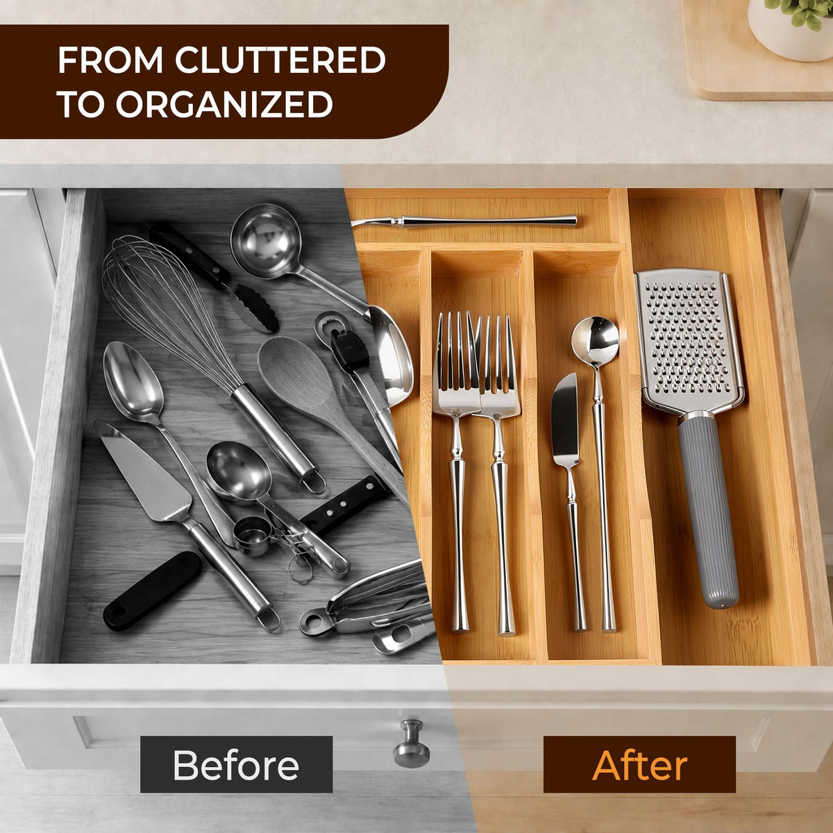 oridom Expandable Bamboo Kitchen Drawer Organizer for Cutlery and Utensils, Adjustable Bamboo Wood Cutlery Tray in Drawer for Flatware and Silverware in Kitchen, (Natural)