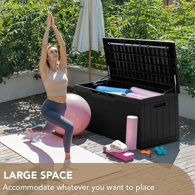 Devoko 100 Gallon Deck Box, Waterproof Outdoor Storage Box with Cushion (Black)