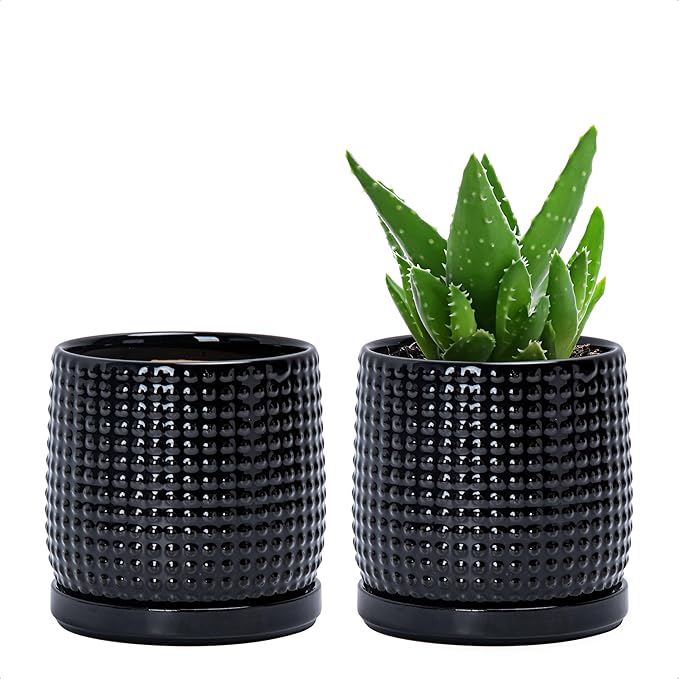 D'vine Dev Set of 2 Ceramic Plants Pots, 4 Inch Beaded Stoneware Flower Pot for Plants with Drainage Hole and Saucer, Glossy Black, 27-E-Z-2
