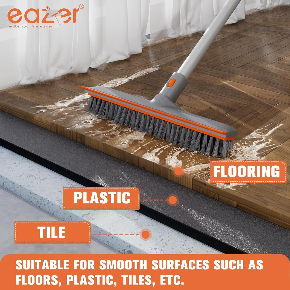 Eazer Floor Scrubber Brush, 2-in-1 Deck Scrubber Brush with Long Handle, Soft & Hard Bristle Brush for Cleaning Concrete, Squeegee Broom for Floor,Bathroom Garage,Kitchen,Wall,Tile and Swimming Pool