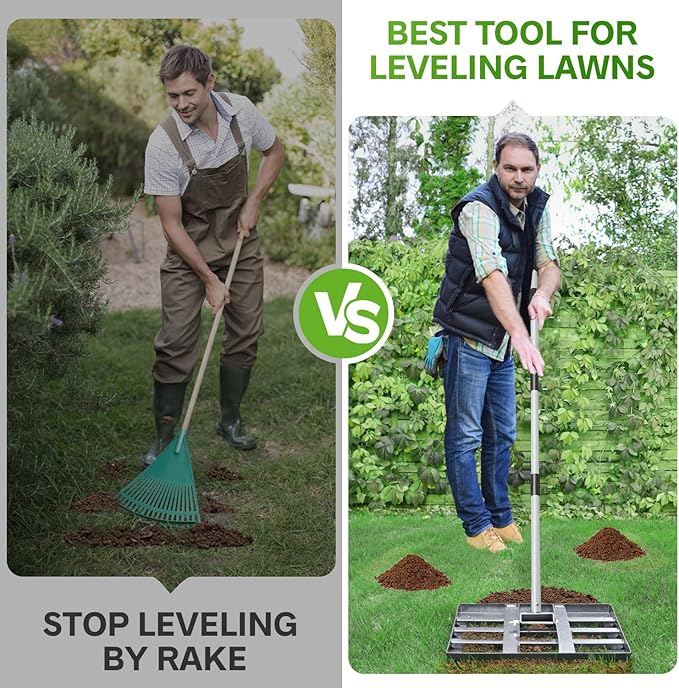 Lawn Leveling Rake, Lawn Leveler with Stainless Steel Long Handle, Heavy Duty Yard Level Tool for Leveling Soil, Sand Or Dirt Surfaces, Gardening Gloves Gift Included (17x10in)