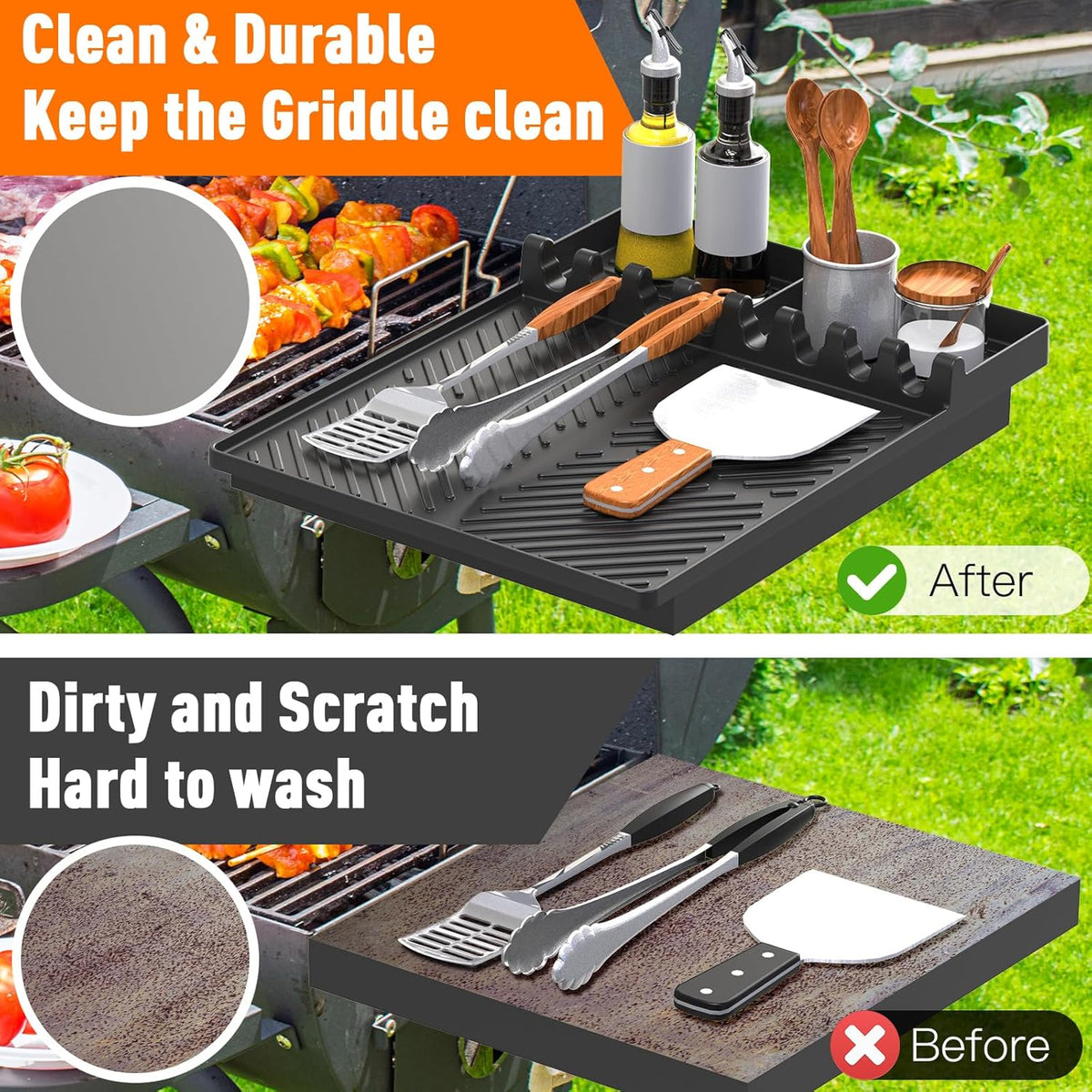 Silicone Grill Mat Compatible with Blackstone, Silicone Griddle Tools with Drip Pad, Spatula Mat for Outdoor Grill Kitchen Counter (Black)