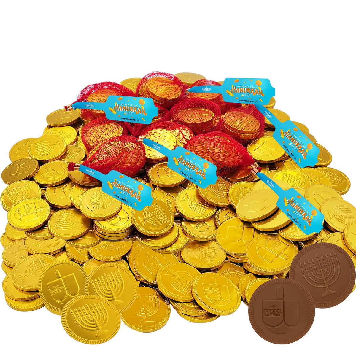 The Dreidel Company Hanukkah Chocolate Gelt, 96-Pack Mesh Bags of Milk Chocolate Coins, Kosher Certified Dairy, Dreidel and Menorah Design Chanukah