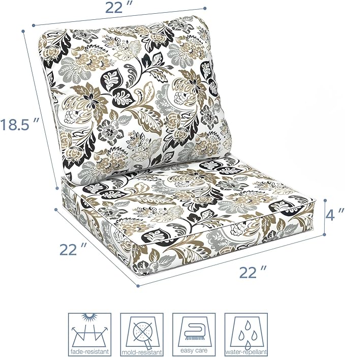 LVTXIII Outdoor Seat and Back Cushion Patio Deep Seat Cushion Set Seasonal Chair Cushion for Wicker Chairs and Garden Furniture Decoration, 22"x22"x4", Dailey Tan