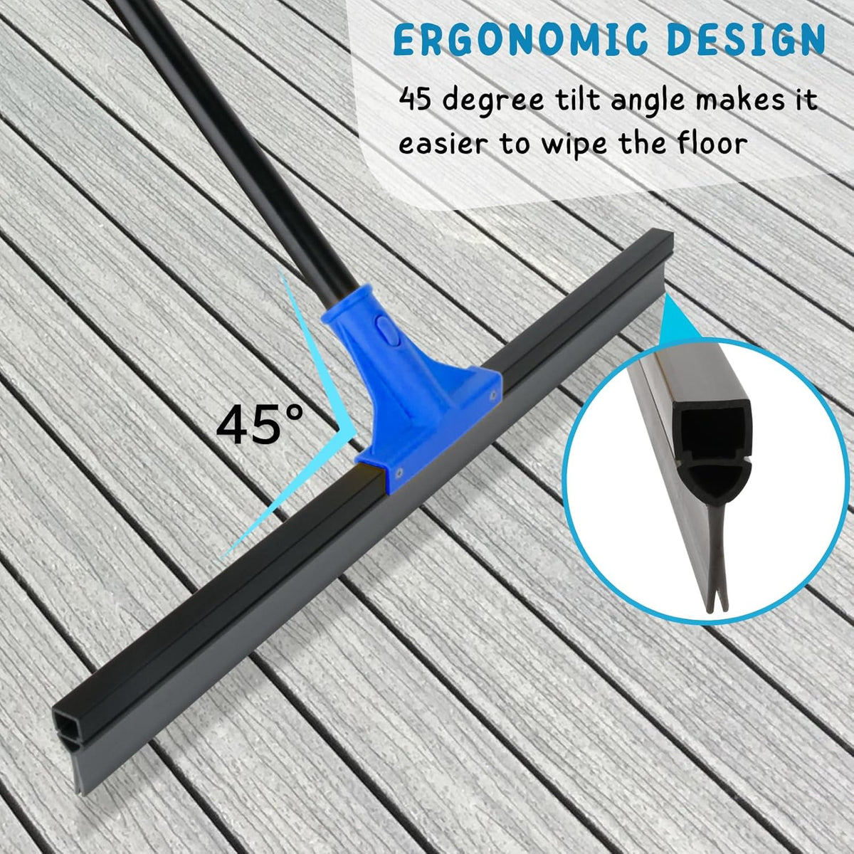 Floor Squeegee for Concrete and Tile Cleaning, 24'' Rubber Wiper Broom, Large Heavy Duty Water Scraper with 60'' Long Handle for Garage, Deck, Bathroom, Shower Glass, Window