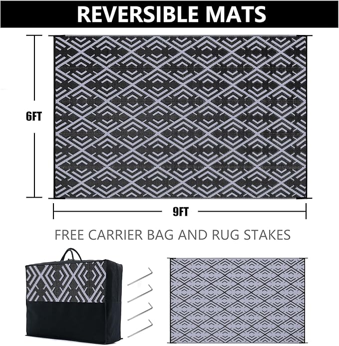 Outdoor Plastic Straw Rug, Waterproof Outdoor Rugs for Patios Clearance, Reversible Area Rug, Large Outside Carpet for Camping, Balcony, RV, Deck, Picnic, Beach (6x9ft Boho/Black&Grey)