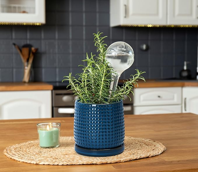 D'vine Dev Set of 2 Ceramic Plants Pots, 4 Inch Beaded Stoneware Flower Pot for Plants with Drainage Hole and Saucer, Midnight Blue, 27-E-Z-3