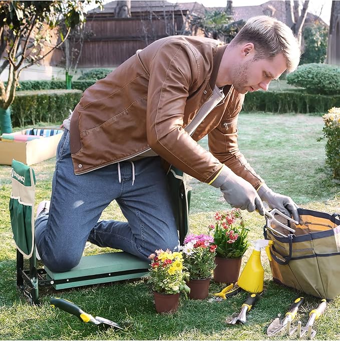 SONGMICS Garden Kneeler and Seat, Multifunctional Garden Kneeling Bench, Gardening Gifts for Women Men, Folding Gardening Stool, with 2 Tool Bags, 8-Inch Wide Kneeling Pad, Dark Green UGGK060L01