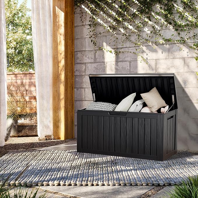 80 Gallon Lockable Resin Deck Box, Waterproof & UV-Resistant Outdoor Storage Box for Outdoor Cushion Storage, Garden Tools & Pool Accessories Storage, Black