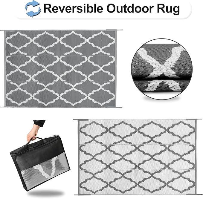 OutdoorLines Outdoor Plastic Area Rugs for Patio 5x8 ft - Reversible Outside Carpet, Stain & UV Resistant RV Mats, Straw Rug for Camping, Deck Garden, Porch and Balcony, Moroccan Grey & Light Grey